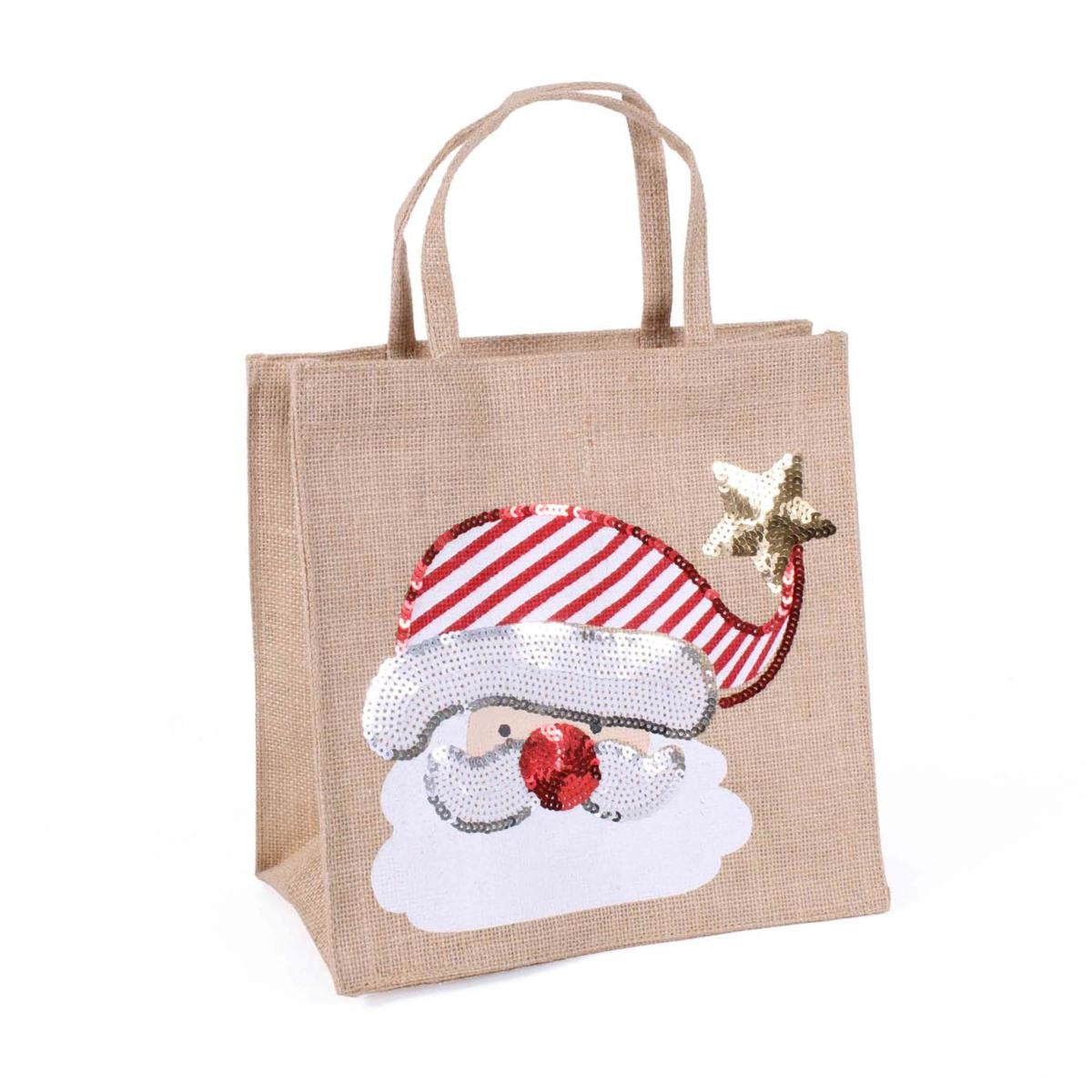 Borsina in juta naturale con viso di Babbo Natale e paillettes, 20x12H20 cm (kit da 5)