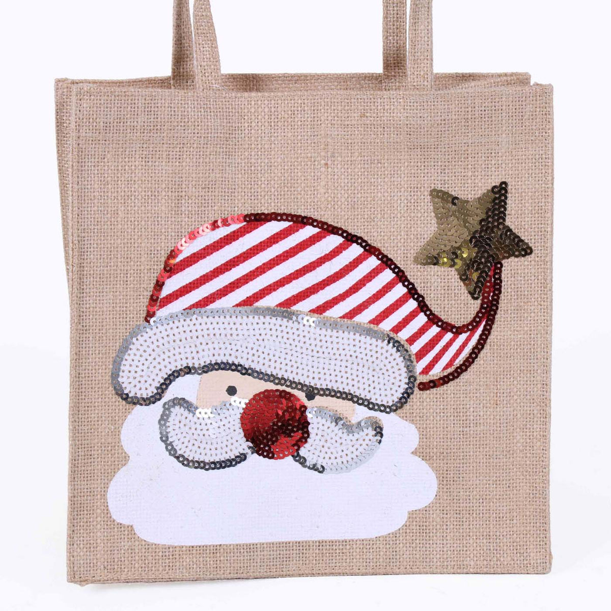 Borsina in juta naturale con viso di Babbo Natale e paillettes, 20x12H20 cm (kit da 5)