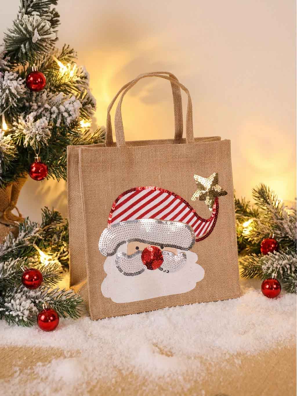 Borsina in juta naturale con viso di Babbo Natale e paillettes, 20x12H20 cm (kit da 5)
