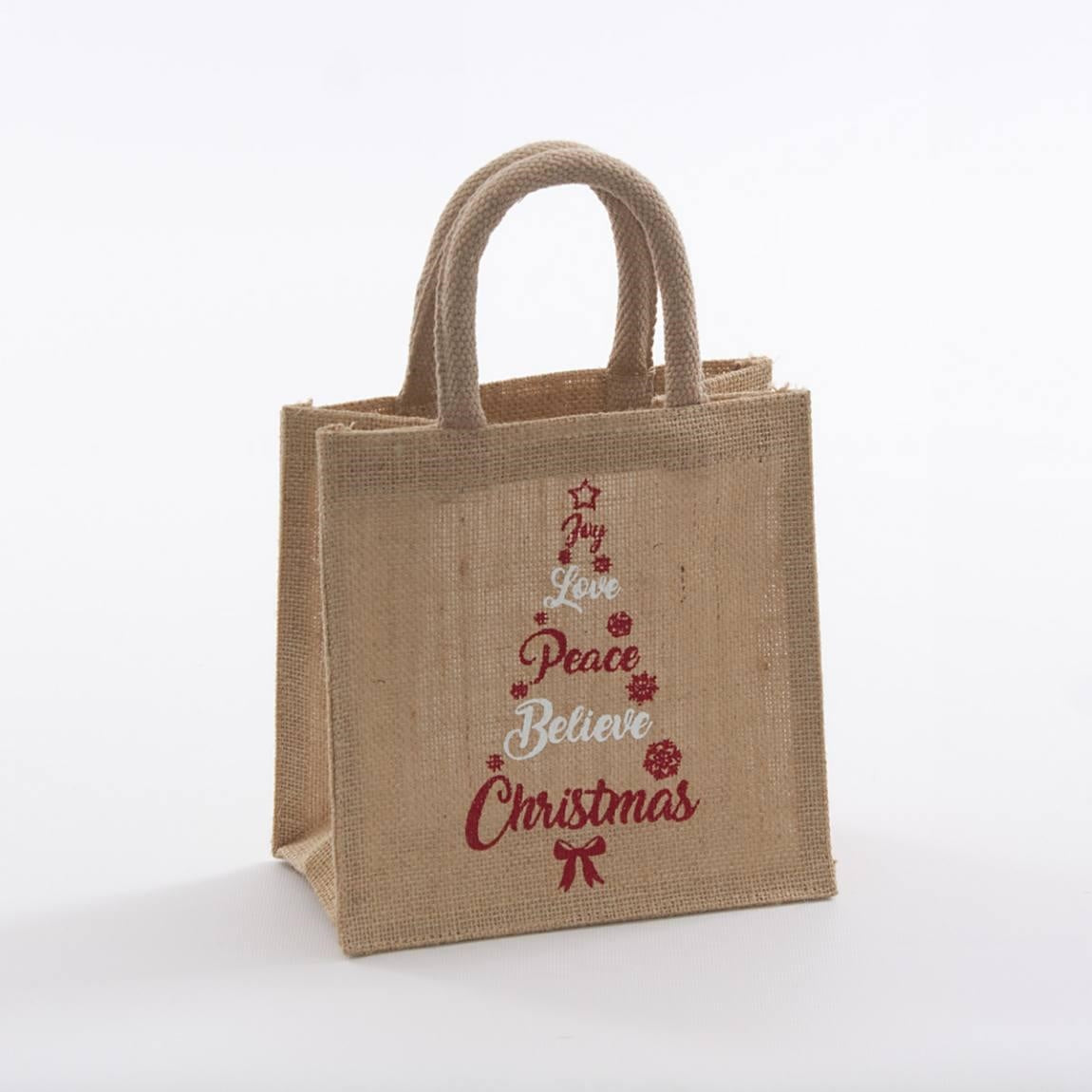 Borsina in juta naturale con albero e scritte, 20x12x20 cm (kit da 10)