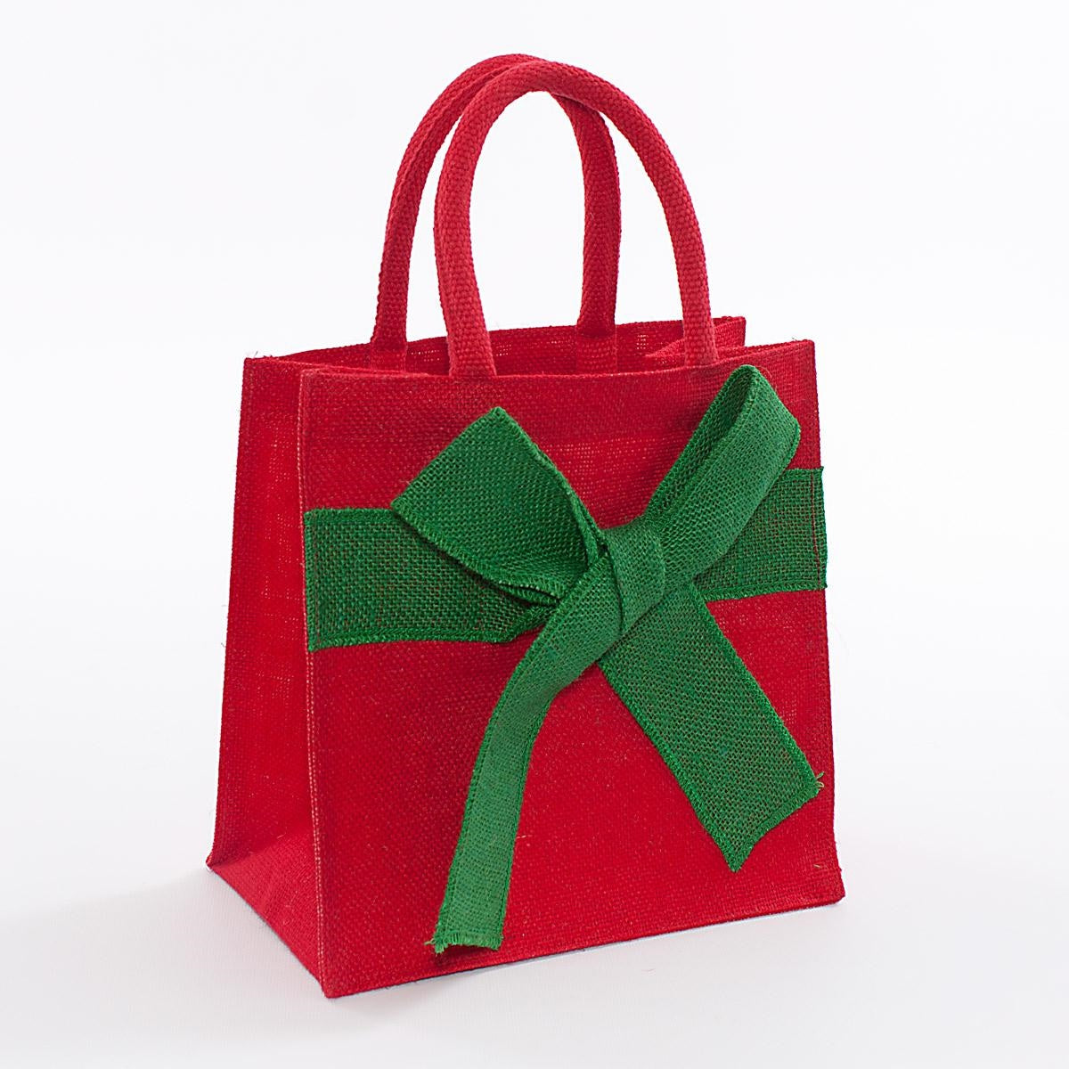 Borsina in juta rossa con fiocco verde, 20x12H20 cm (kit da 5)