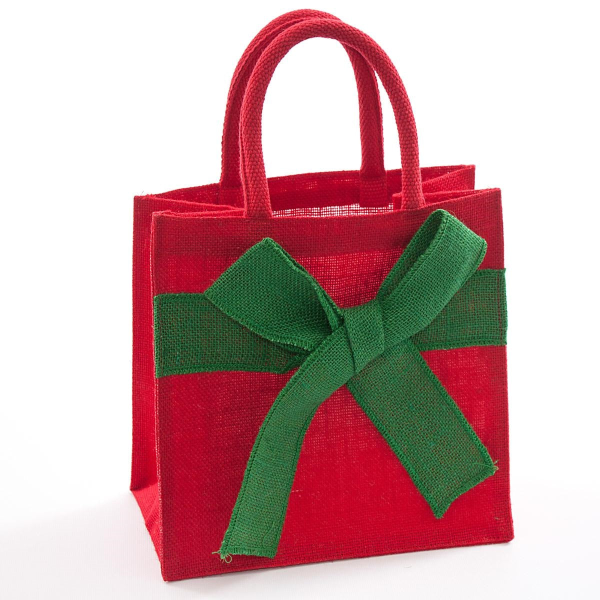 Borsina in juta rossa con fiocco verde, 25x15H25 cm (kit da 5)