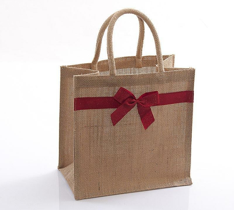 Borsina in juta naturale con decoro rosso, 25x15x25 cm (kit da 10)