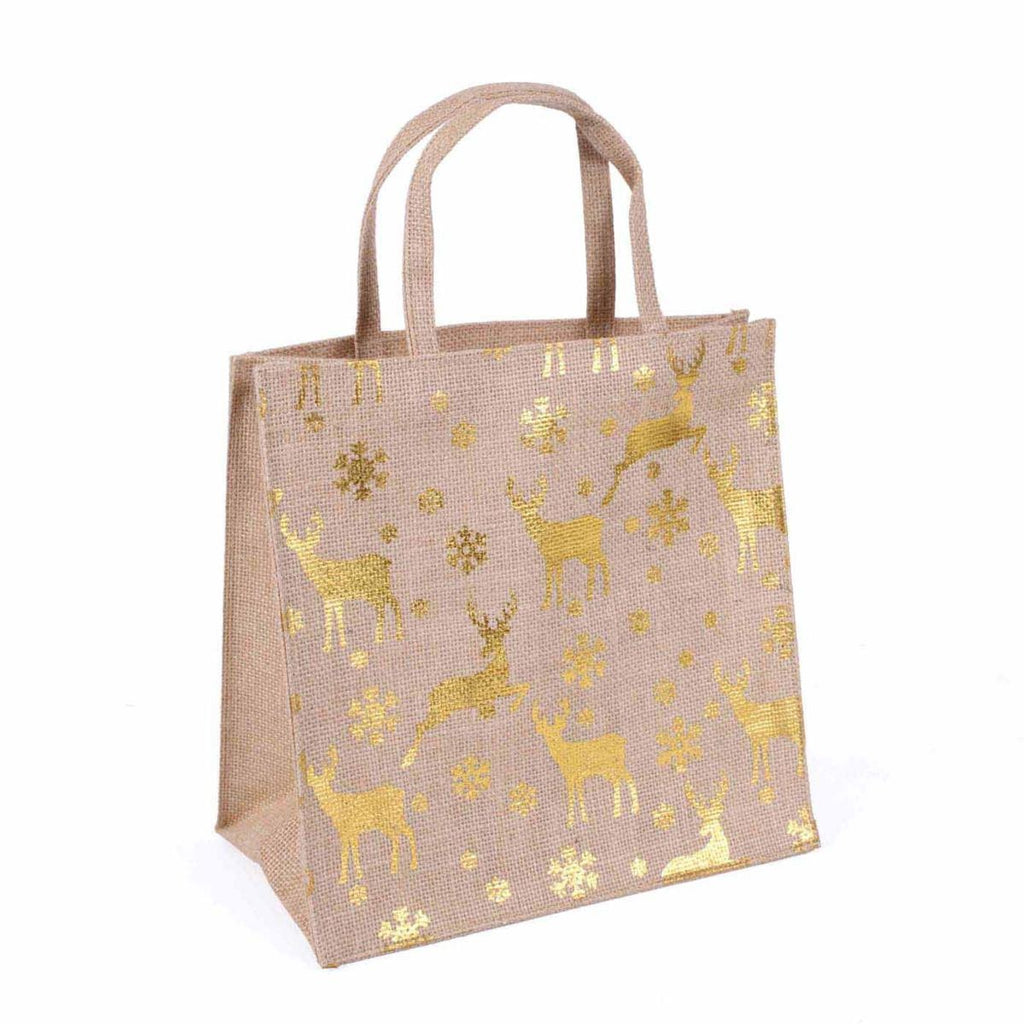 Borsina in juta naturale con stampa renne oro, 25x15x25 cm (kit da 5)