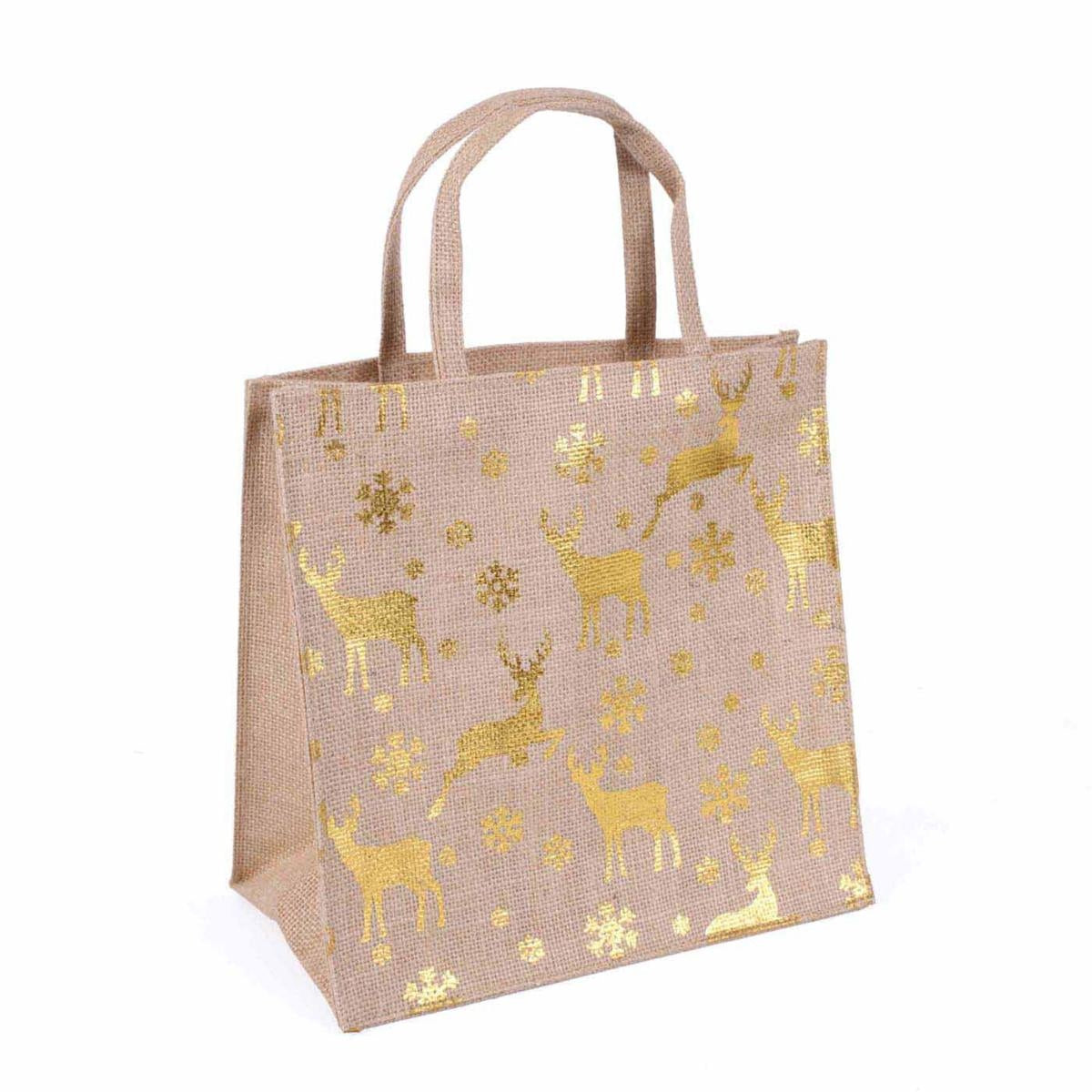 Borsina in juta naturale con stampa renne oro, 25x15x25 cm (kit da 5)