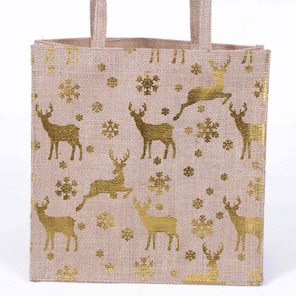 Borsina in juta naturale con stampa renne oro, 25x15x25 cm (kit da 5)