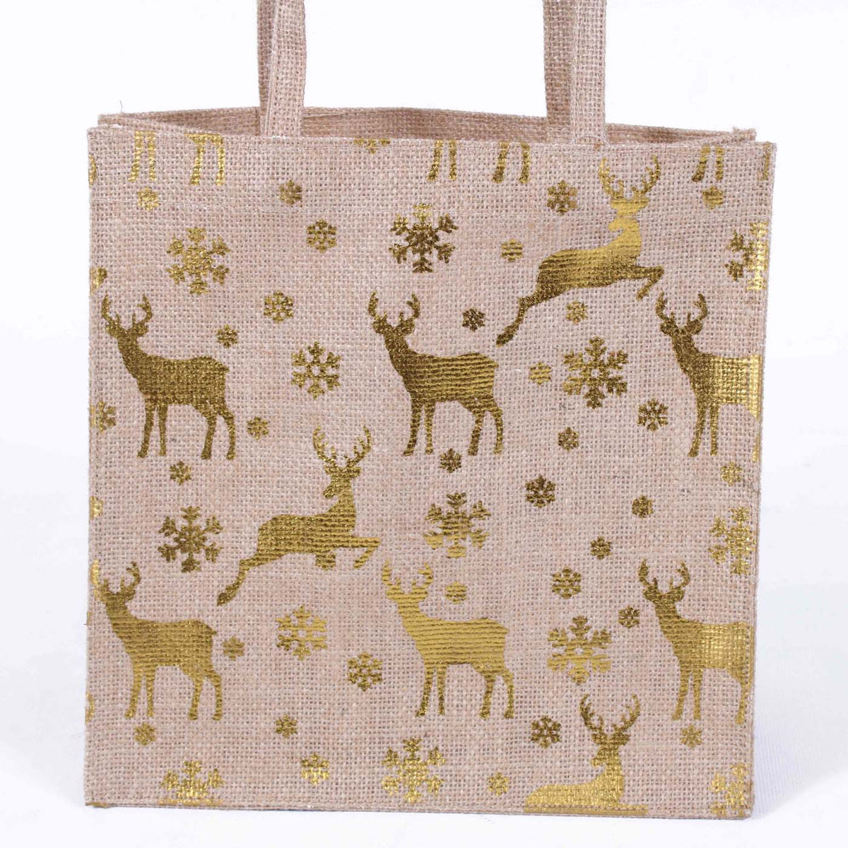 Borsina in juta naturale con stampa renne oro, 25x15x25 cm (kit da 5)
