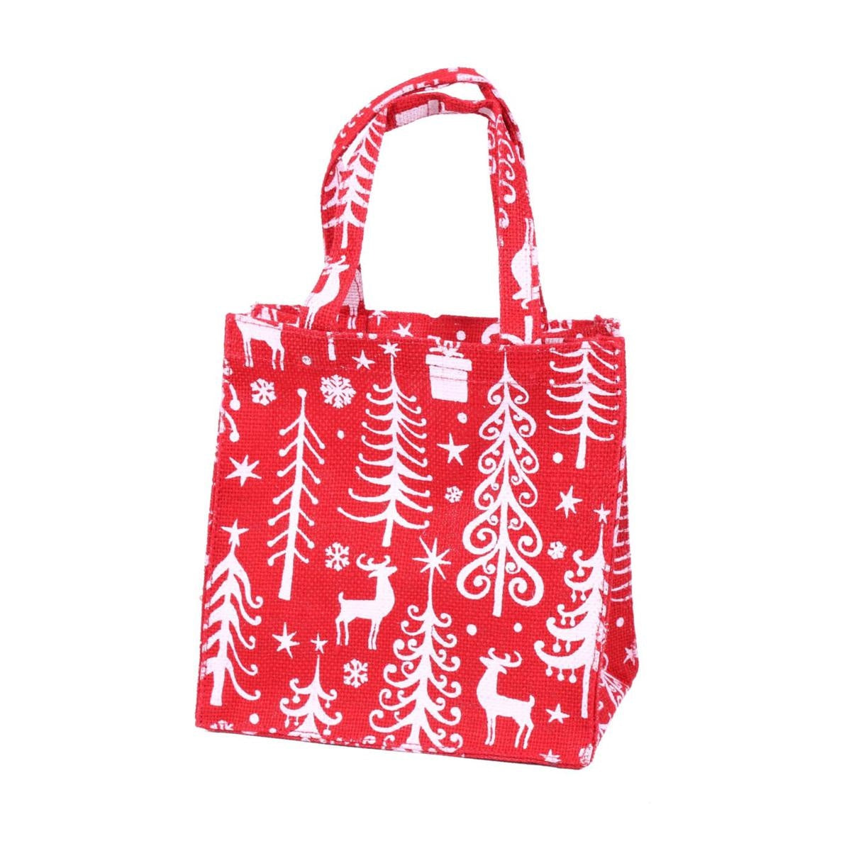 Borsina in juta rossa con alberi e renne, 25x15H25 cm (kit da 10)