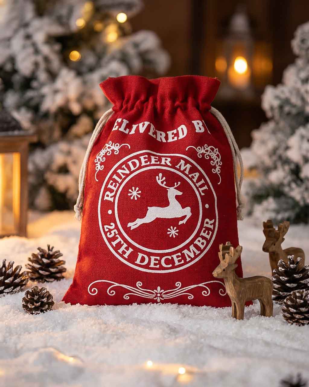 Sacco in juta rosso con scritta Reindeer Mail, 56x38 cm (kit da 5)