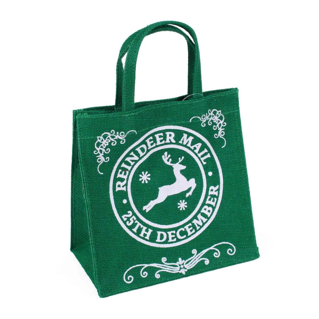 Borsina in juta verde con scritta Reindeer Mail, 15x12H15 cm (kit da 10)