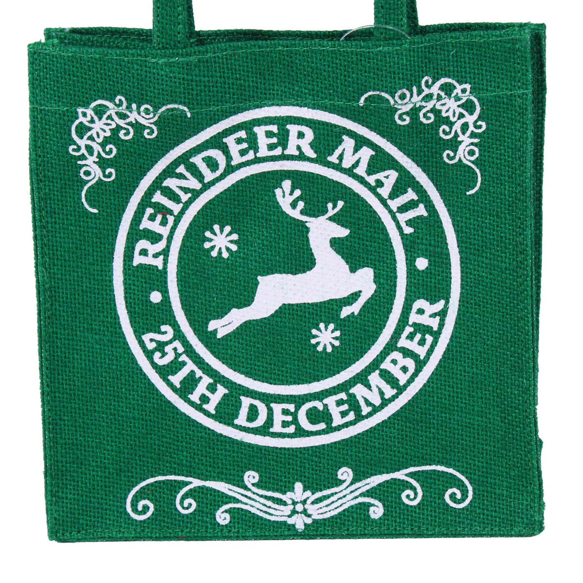 Borsina in juta verde con scritta Reindeer Mail, 15x12H15 cm (kit da 10)