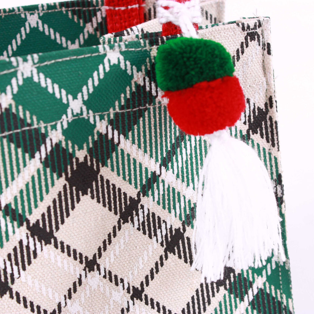 Borsina in juta verde con stampa scozzese, 15x12H15 cm (kit da 10)