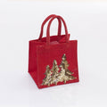 Borsina in juta rossa con alberi oro, 15x12x15 cm (kit da 5)