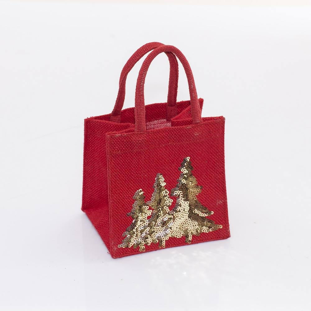 Borsina in juta rossa con alberi oro, 15x12x15 cm (kit da 5)