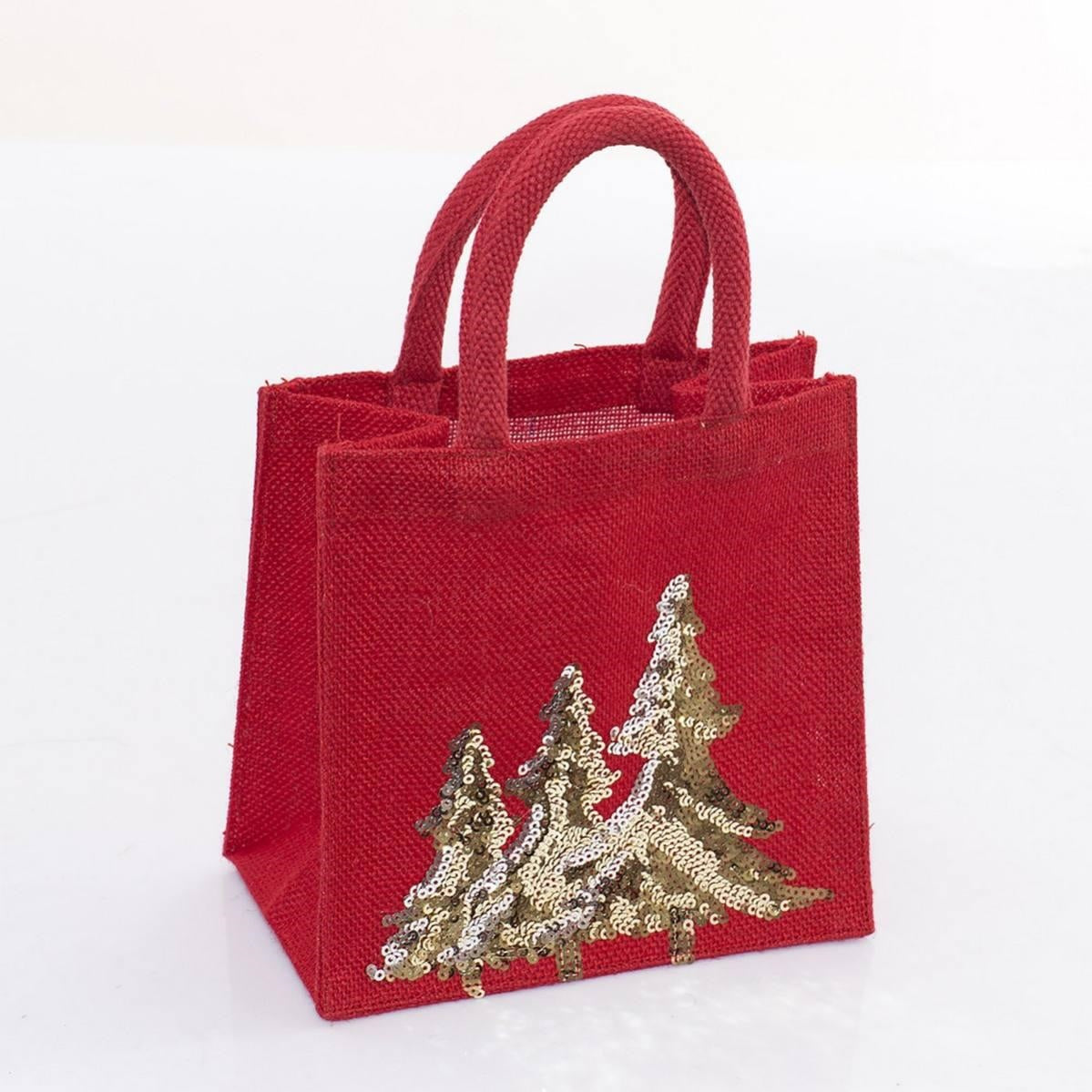 Borsina in juta rossa con alberi oro, 20x12H20 cm (kit da 5)
