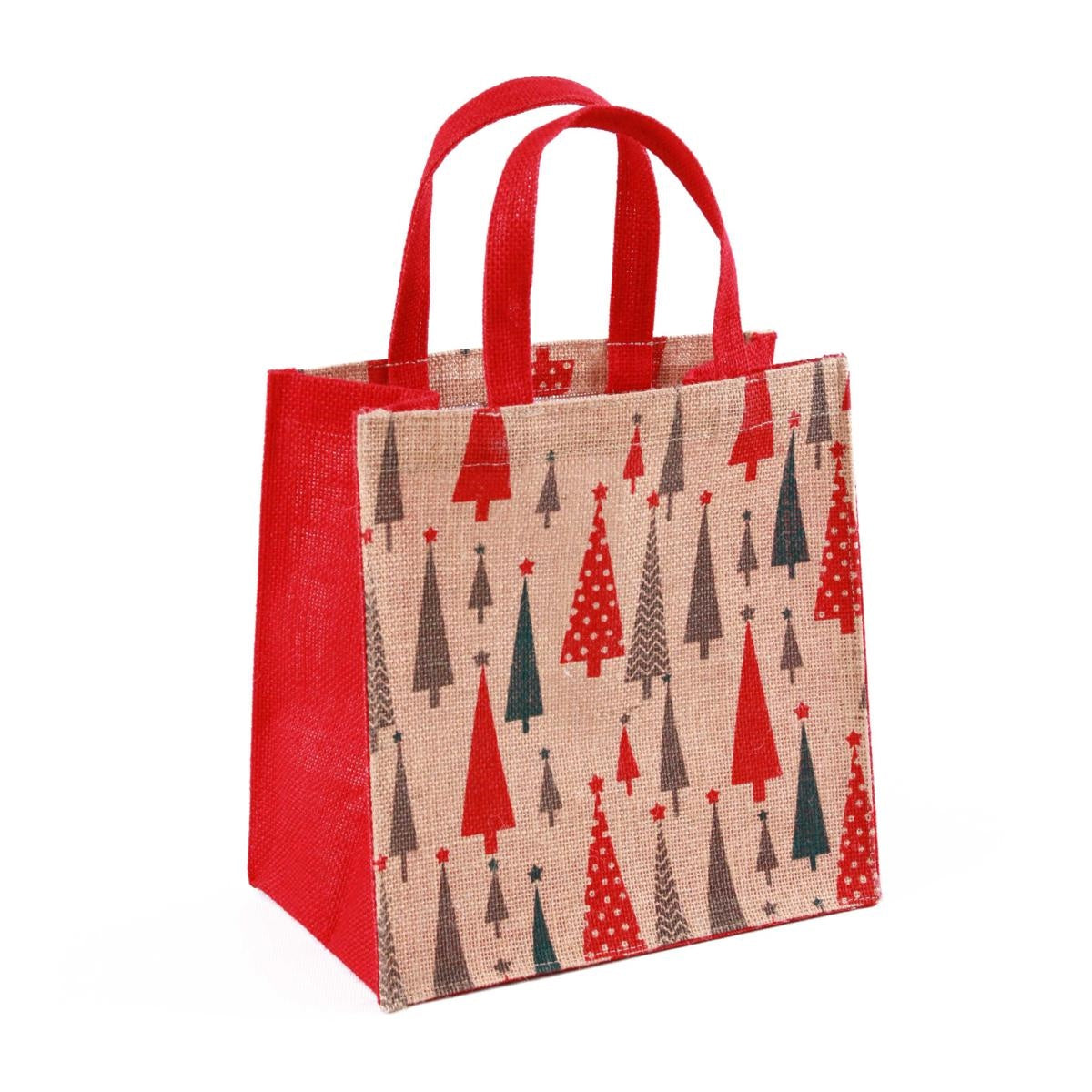 Borsina in juta rossa con alberi, 25x15H25 cm (kit da 10)
