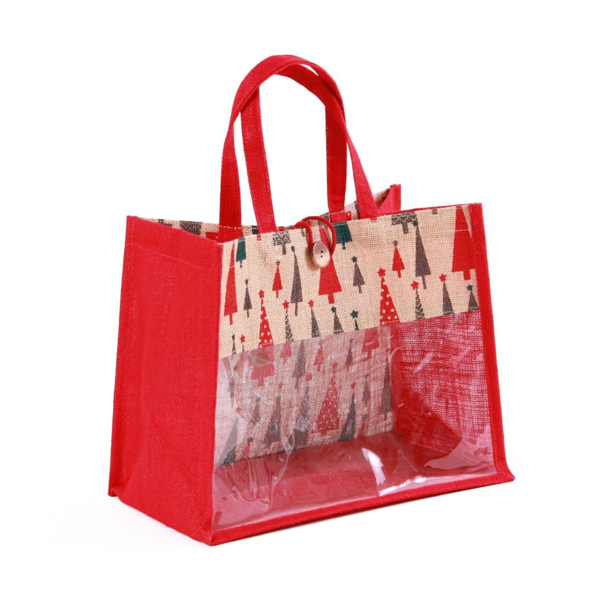 Borsina in juta rossa natalizia con finestra, 33x20H27 cm (kit da 5)