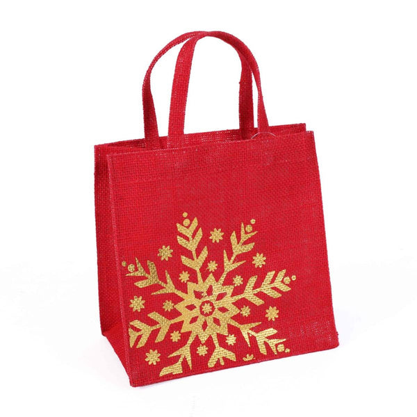 Borsina in juta rossa con stampa a fiocchi di neve oro, 15x12H15 cm (kit da 10)