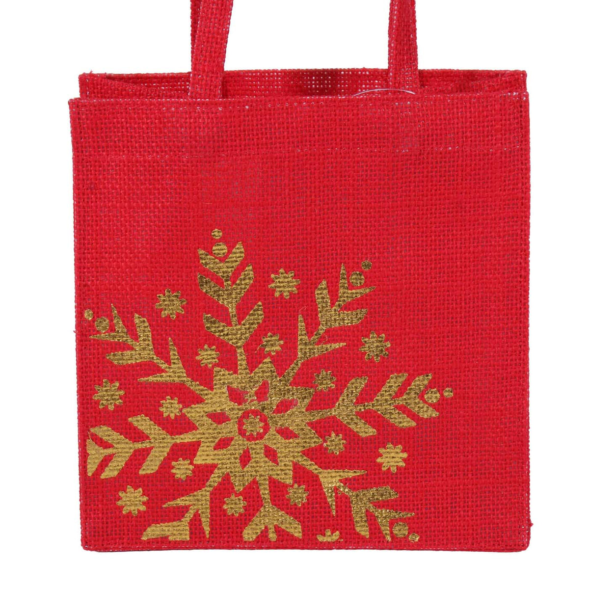 Borsina in juta rossa con stampa a fiocchi di neve oro, 15x12H15 cm (kit da 10)