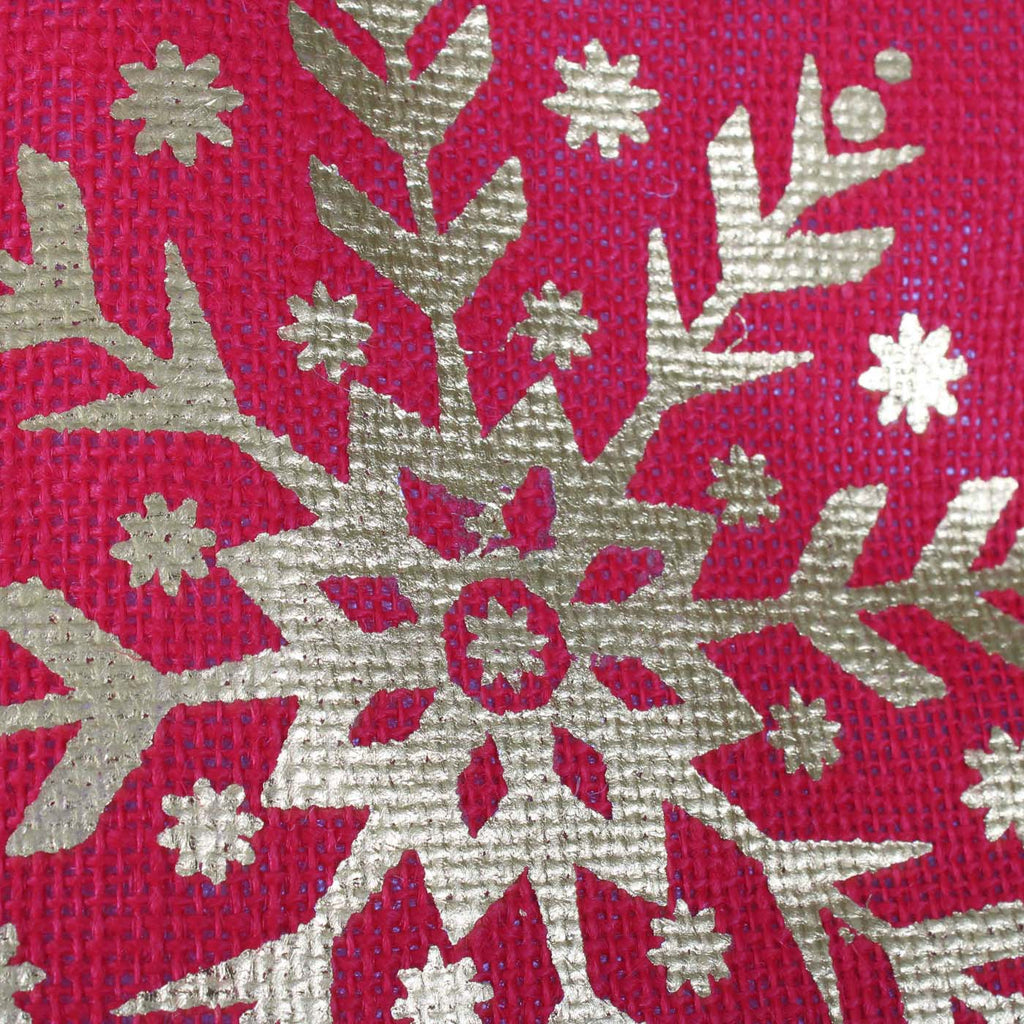 Borsina in juta rossa con stampa a fiocchi di neve oro, 15x12H15 cm (kit da 10)