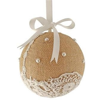 Decorazione palla beige in juta, pizzo e perle, Ø13 cm (kit da 10)