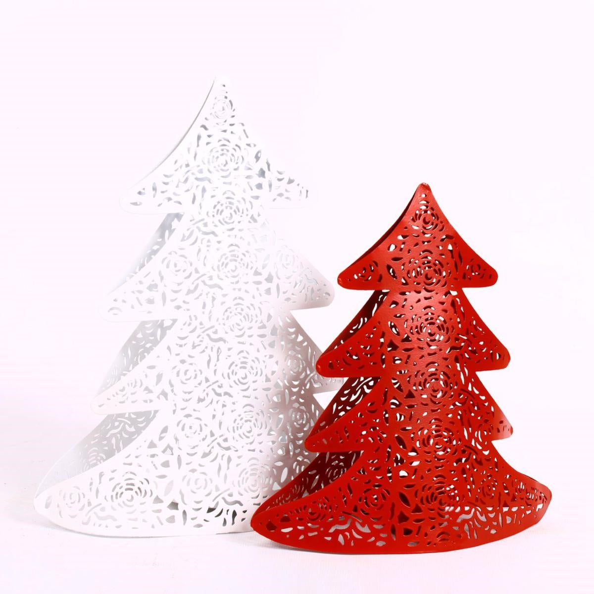 Decorazione portacandela due alberi in ferro bianco e rosso
