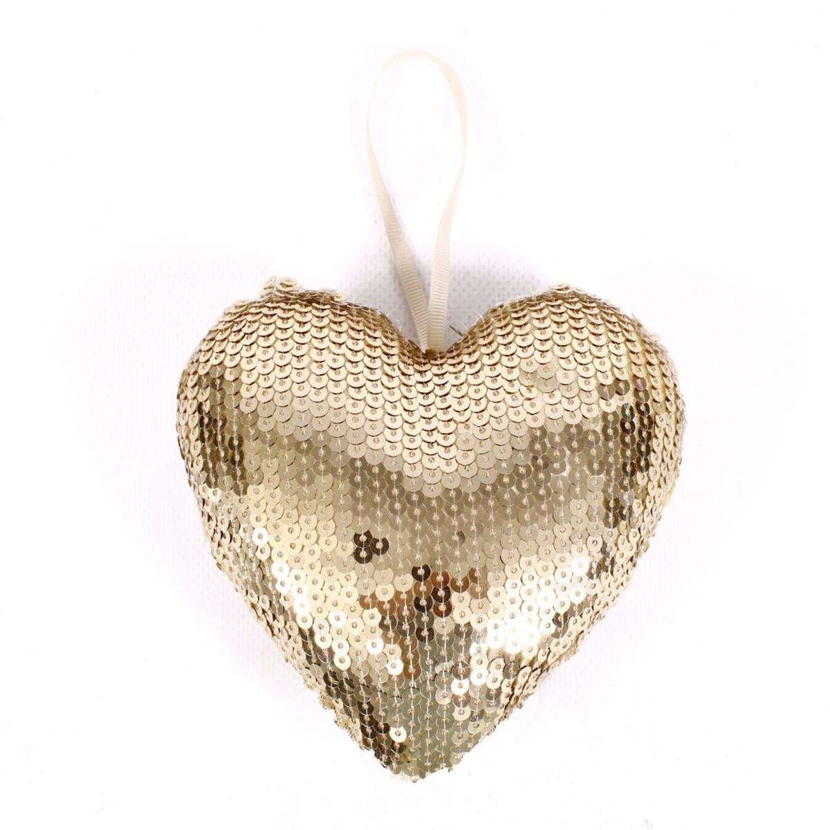 Decorazione natalizia cuore con paillette dorate, 13x4x13 cm (kit da 10)
