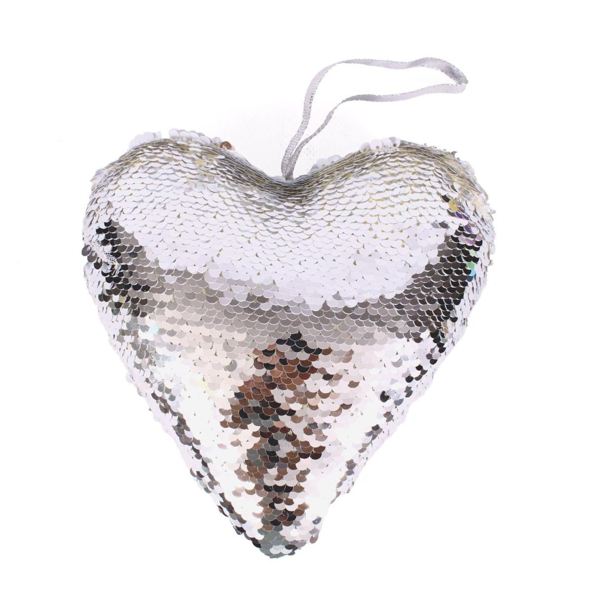 Decorazione di Natale a cuore con paillette argento, 16,5x6,5H17 cm (kit da 10)