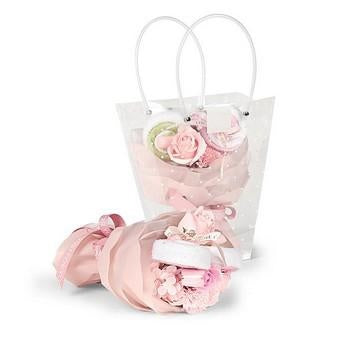 Composizione floreale rosa con borsa in pvc, 24x16H25 cm (kit da 3)