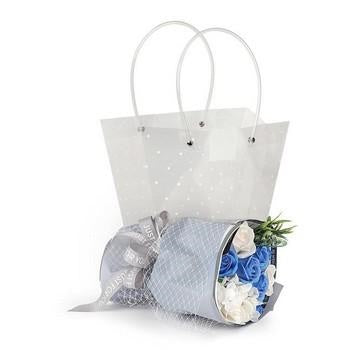 Composizione floreale blu con borsa in pvc, Ø18H25 cm (kit da 3)