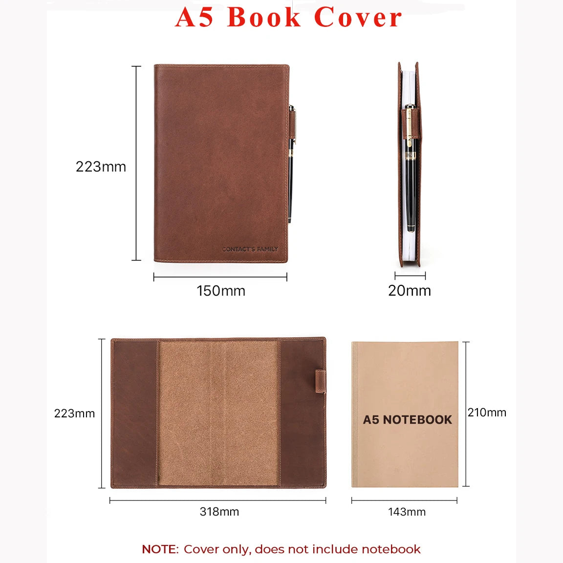 Copertina in vera pelle per quaderno A5 o B5, con portapenne – foto 8