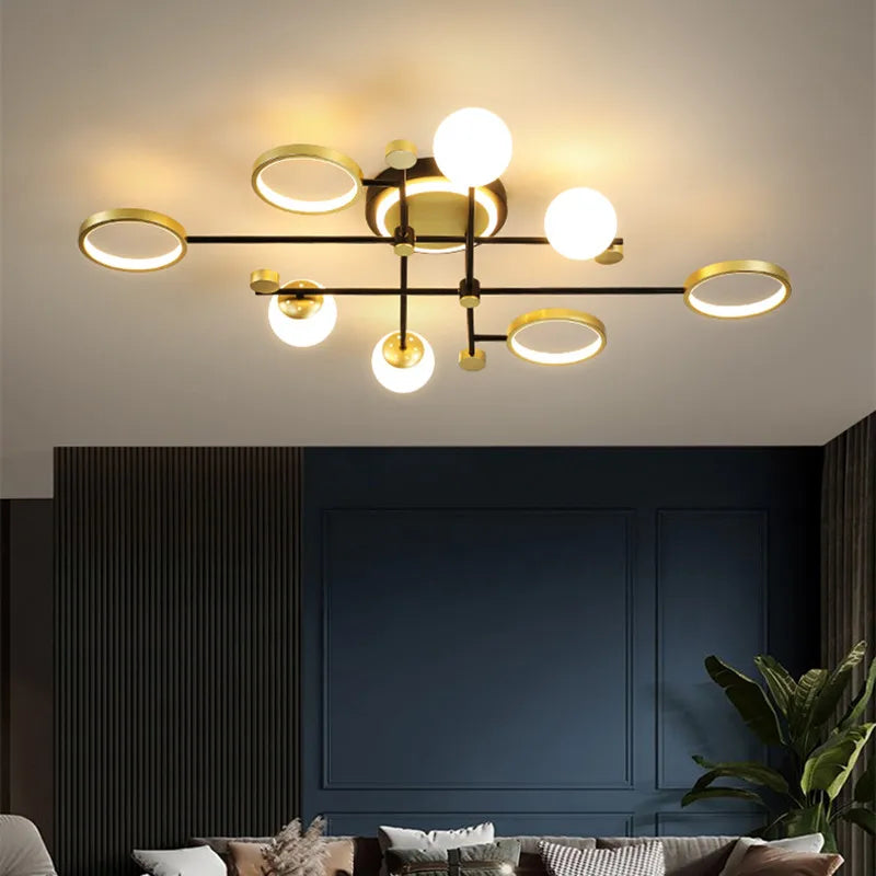 Lampadario a sfere in vetro e ferro battuto, 4, 6 o 8 luci – dettaglio 1