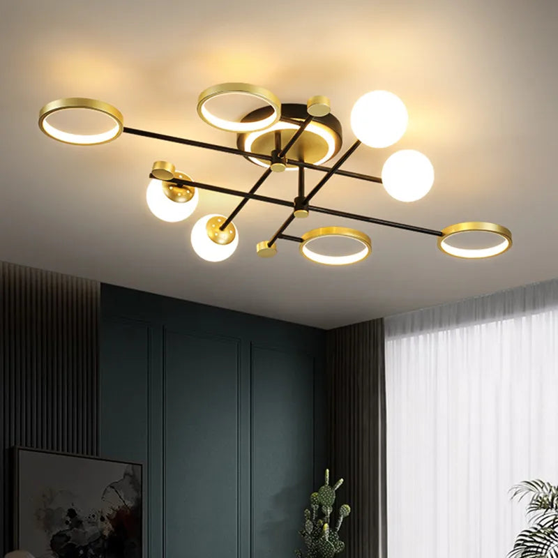 Lampadario a sfere in vetro e ferro battuto, 4, 6 o 8 luci
