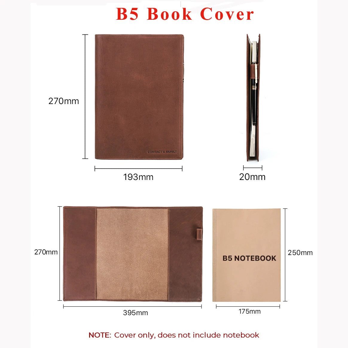 Copertina in vera pelle per quaderno A5 o B5, con portapenne – foto 7