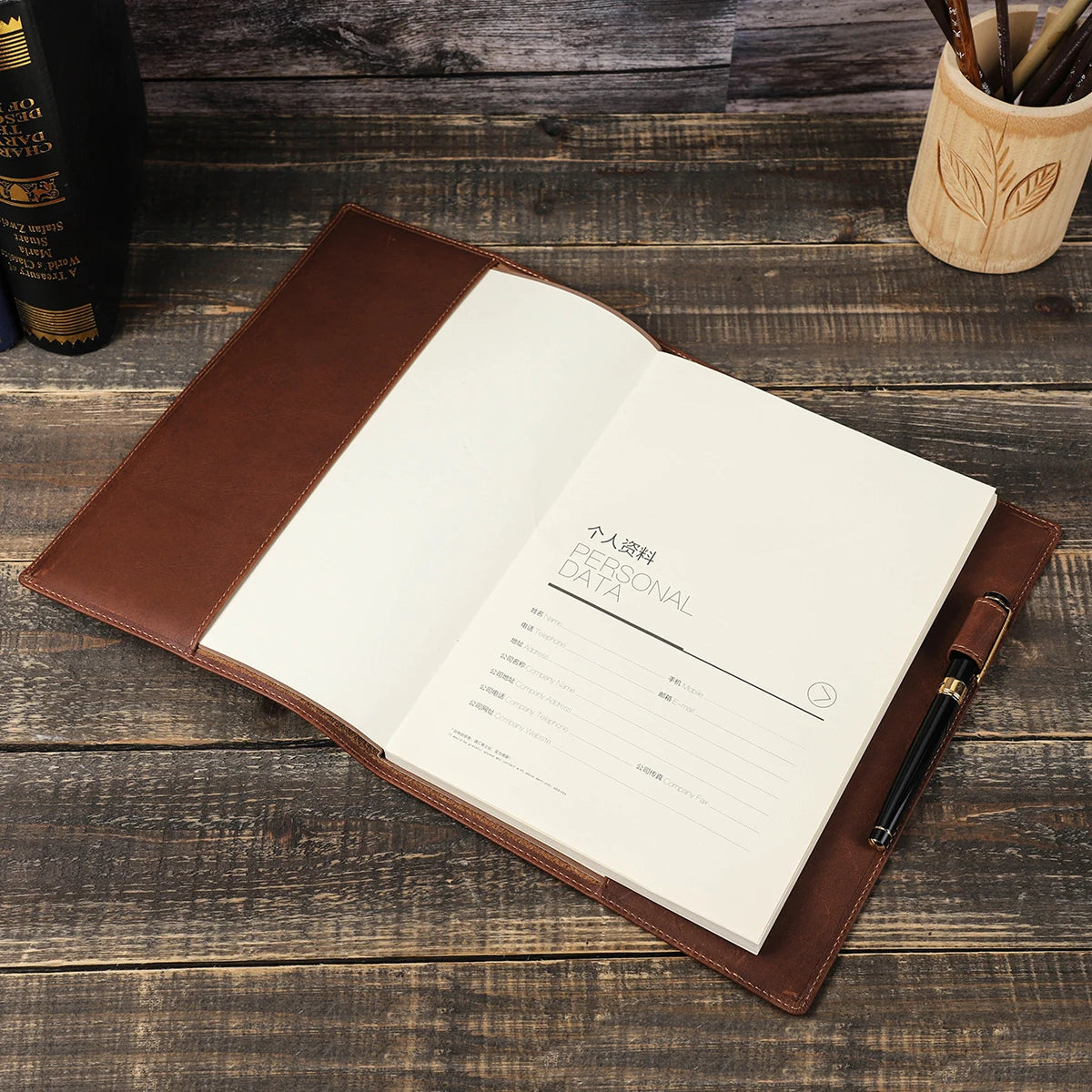 Copertina in vera pelle per quaderno A5 o B5, con portapenne – foto 3