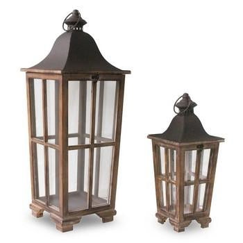 Set di 2 lanterne in legno marrone, 25x25H65 e 18x18H44 cm