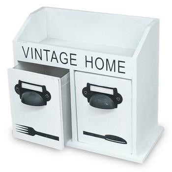 Porta posate legno bianco vintage, 21x10x17,5 cm
