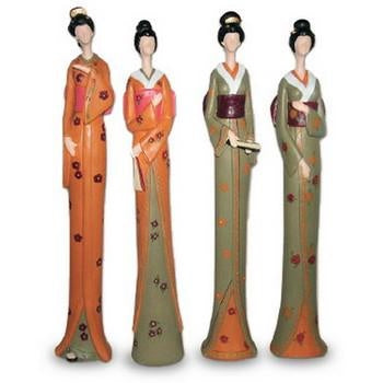 Statuetta geisha verde e arancio, 4 pose, set di 4