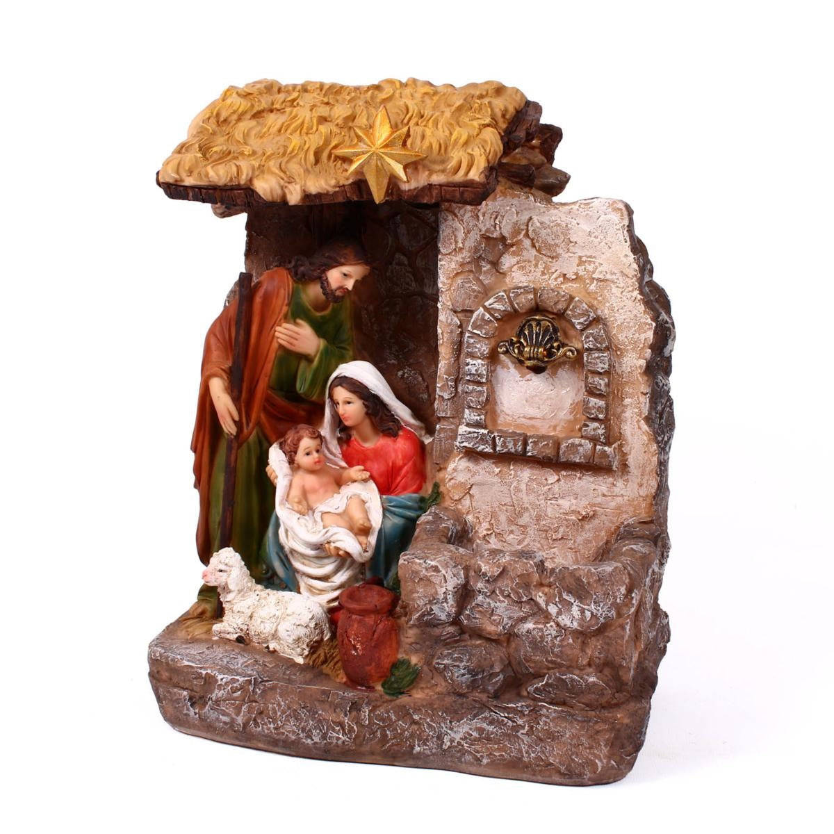 Presepe in resina con fontana a batteria e luce, 28x18H36 cm