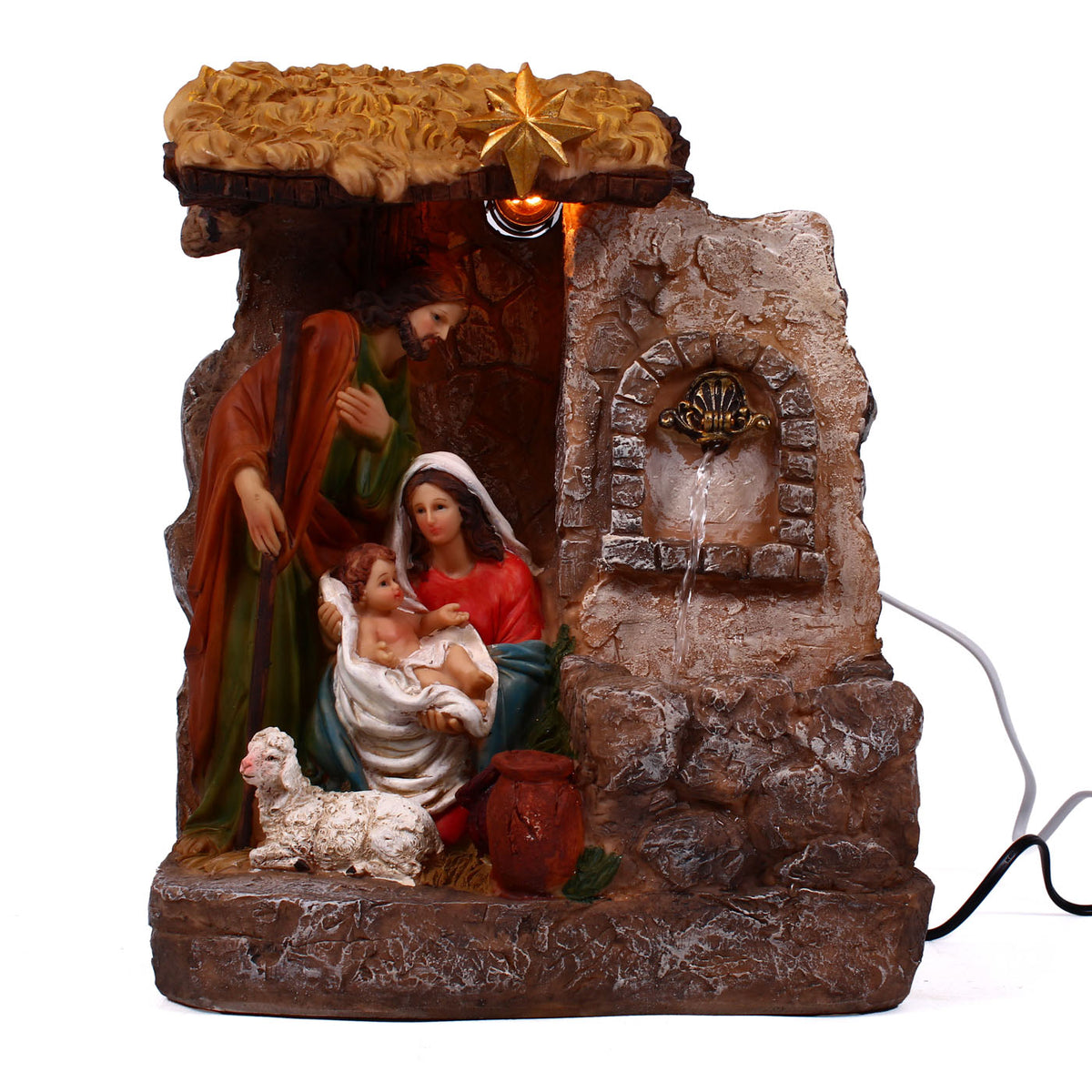 Presepe in resina con fontana a batteria e luce, 28x18H36 cm