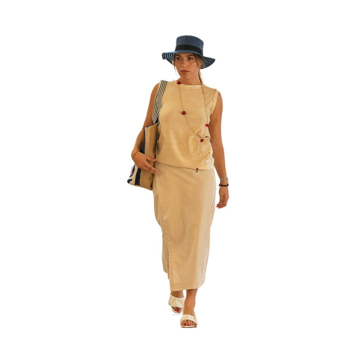 Canottiera beige in cotone e lino, taglia L