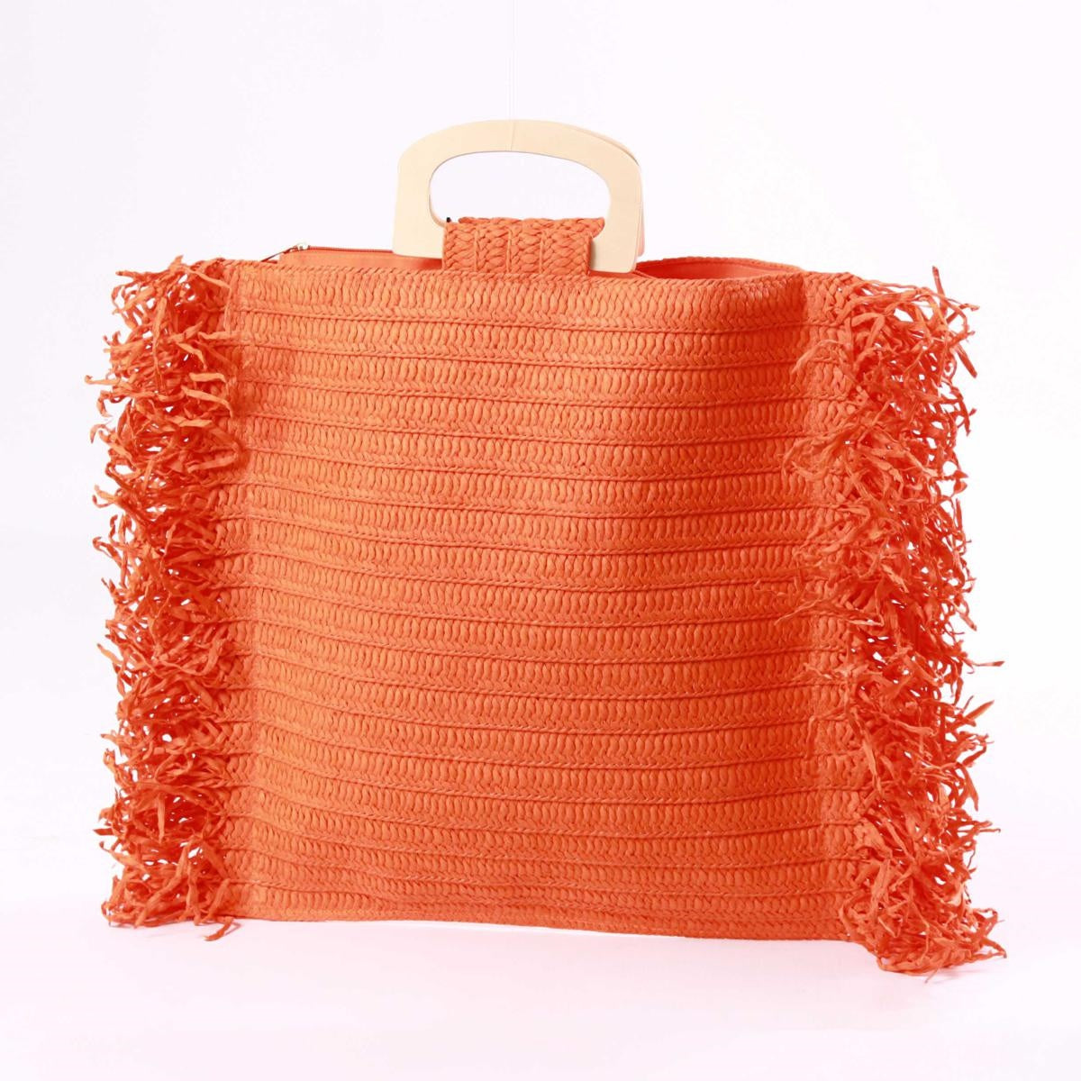 Borsa arancione in cellulosa tessile con frange e manico in legno
