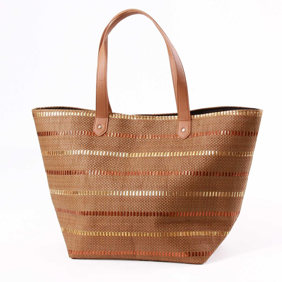 Borsa in cellulosa tessile a righe marroni e dorate con manici in ecopelle