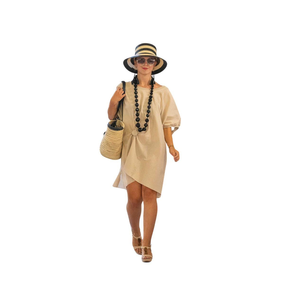 Abito tunica beige in lino e cotone, taglia M