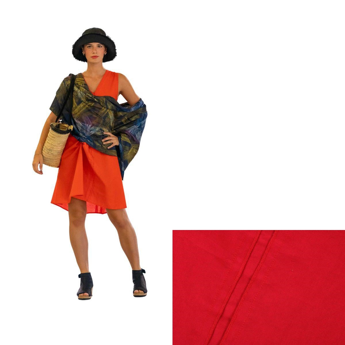 Abito rosso in lino, cotone e pura seta, taglia M