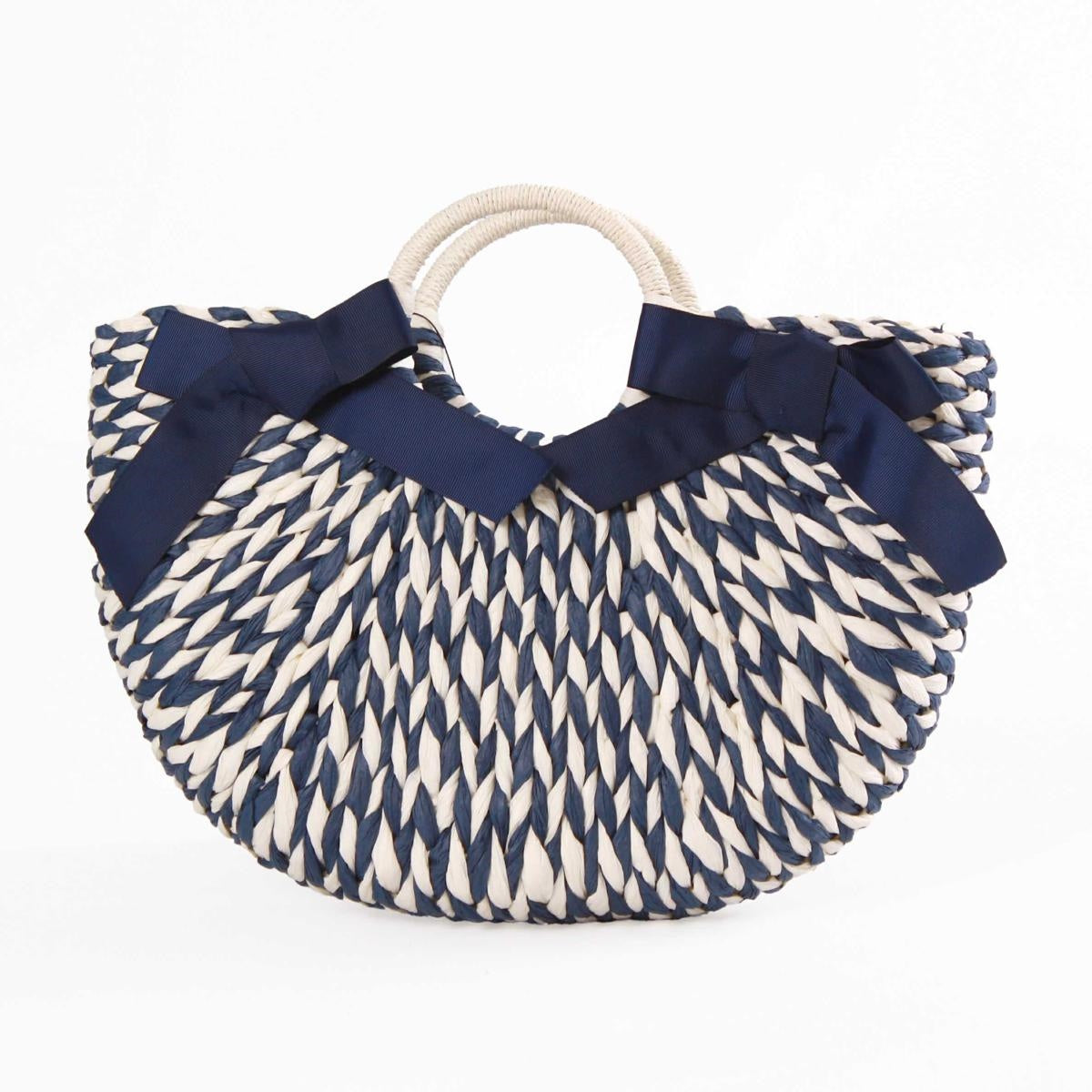 Borsa a mezzaluna in cellulosa tessile bianca e blu con fiocchi