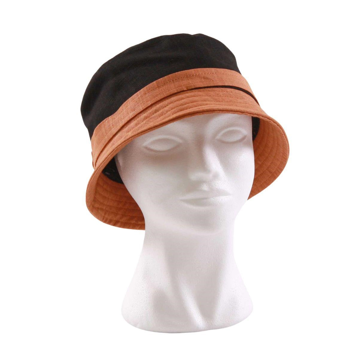Cappello da pescatore in lino nero e arancio