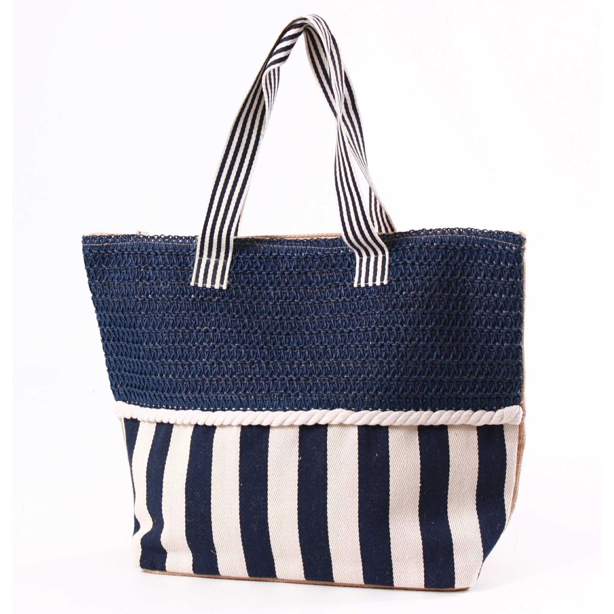 Borsa da mare blu a righe in cellulosa tessile e juta con manici a righe