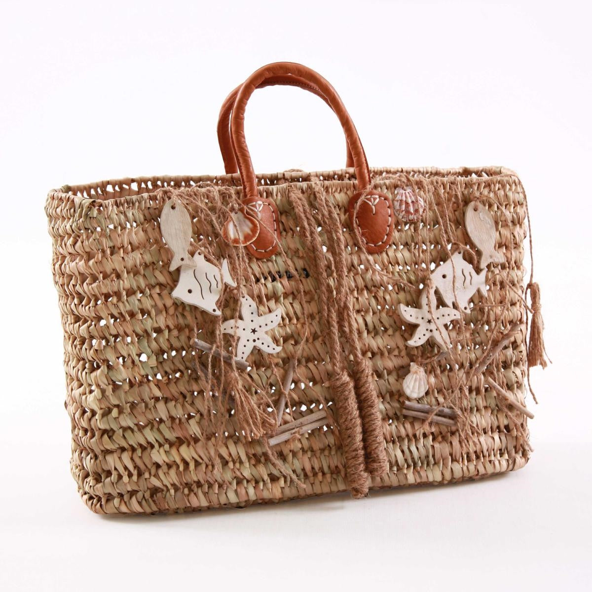 Borsa in paglia naturale con manico in vera pelle
