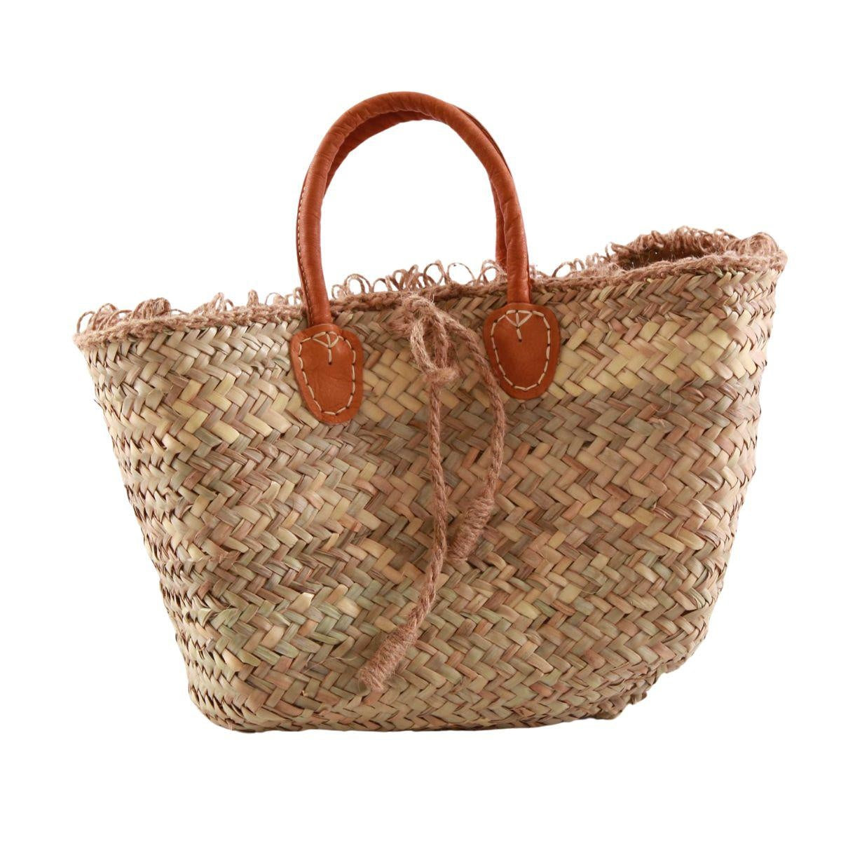 Borsa in paglia naturale sfrangiata con manici in cuoio